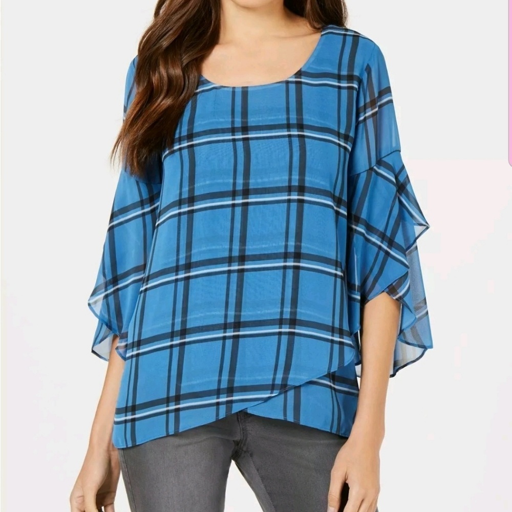 Style Co Plaid Crossover Top Cerulean Size Small